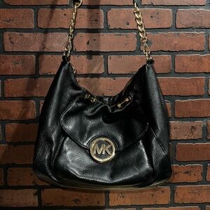 Michael Kors Black Pebbled Leather Shoulder Bag with Gold Accents